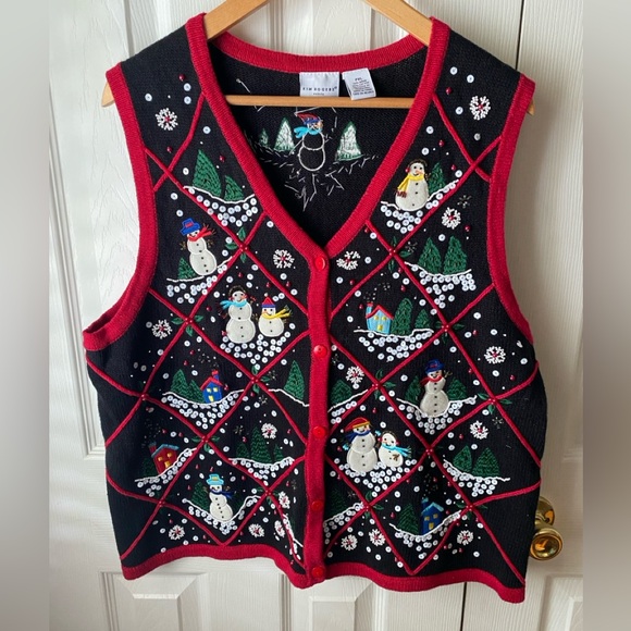 Kim Rogers Sweaters - KIM ROGERS Black Sequin Embellished‎ Embroidered Snowman Ugly Sweater Vest PXL